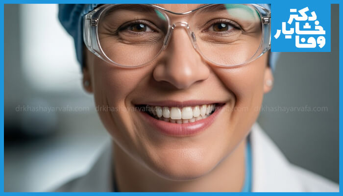 نمایی نزدیک از لبخند زیبا و دندانهای سفید و سالم یک زن خوشحال با عینک محافظ پزشکی (نماد اعتماد به دندانپزشکی و نتایج ایمپلنت).