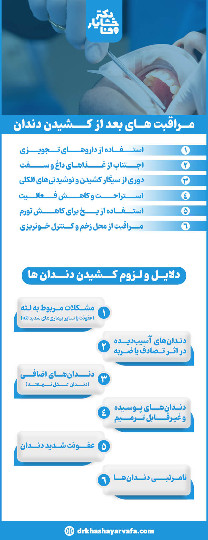 اینفوگرافیک مراقبت‌های بعد از کشیدن دندان و دلایل کشیدن دندان