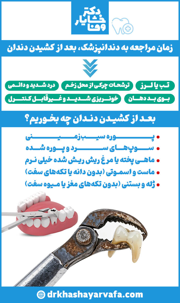 اینفوگرافیک جامع مراقبتهای بعد از کشیدن دندان، شامل زمان مراجعه به دندانپزشک و لیست غذاهای مجاز، برای راهنمایی بیماران