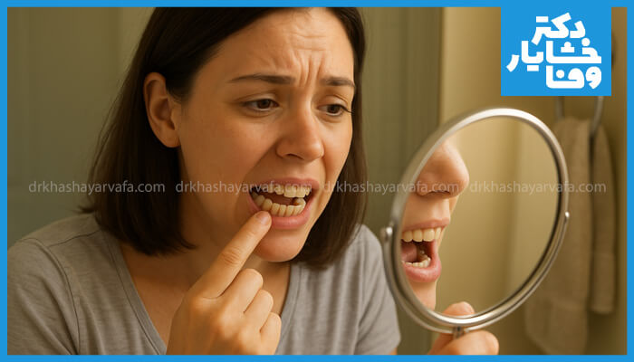  زنی در حال بررسی دندان‌های خود در آینه دستی، با حالت چهره‌ای که نشان‌دهنده نگرانی از پوسیدگی دندان یا ناراحتی دهانی است. این تصویر به اهمیت خودآزمایی و تشخیص زودهنگام اشاره دارد.