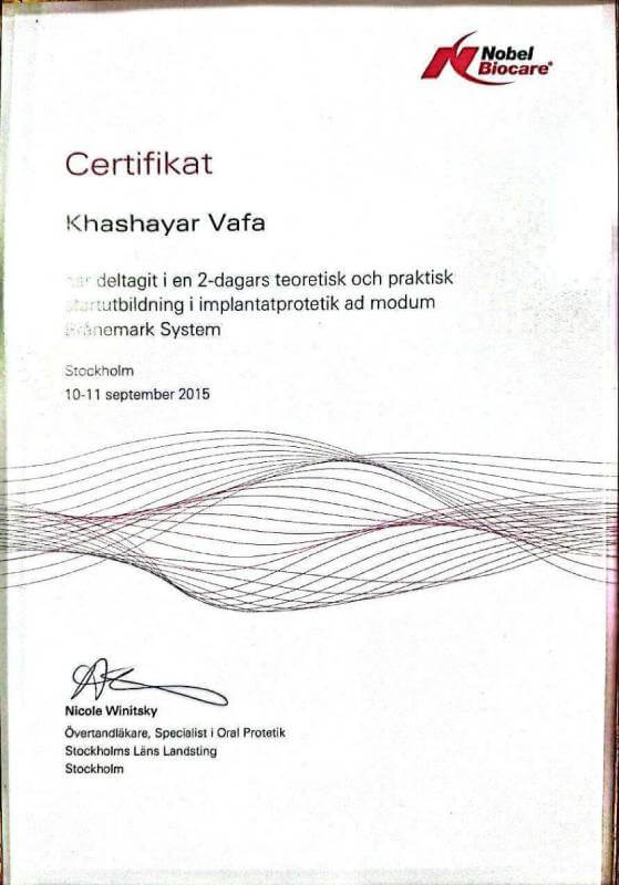 گواهی شرکت در دوره ۲ روزه تئوری و عملی پروتز ایمپلنت (Brånemark System)، ارائه‌شده توسط نوبل بایوکر به خشایار وفا در استکهلم، سپتامبر ۲۰۱۵.