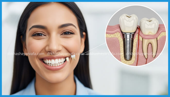 عکس یک خانم خندان با دندان‌های قدامی (جلویی) زیبا و طبیعی، نشان‌ دهنده موفقیت ایمپلنت زیبایی دندان جلو. یک دایره گرافیکی برش‌خورده (اینسِت) در گوشه تصویر، ساختار داخلی ایمپلنت دندان قدامی (شامل فیکسچر، اباتمنت و روکش) را در کنار ریشه دندان طبیعی مجاور، درون استخوان و لثه نمایش می‌دهد.