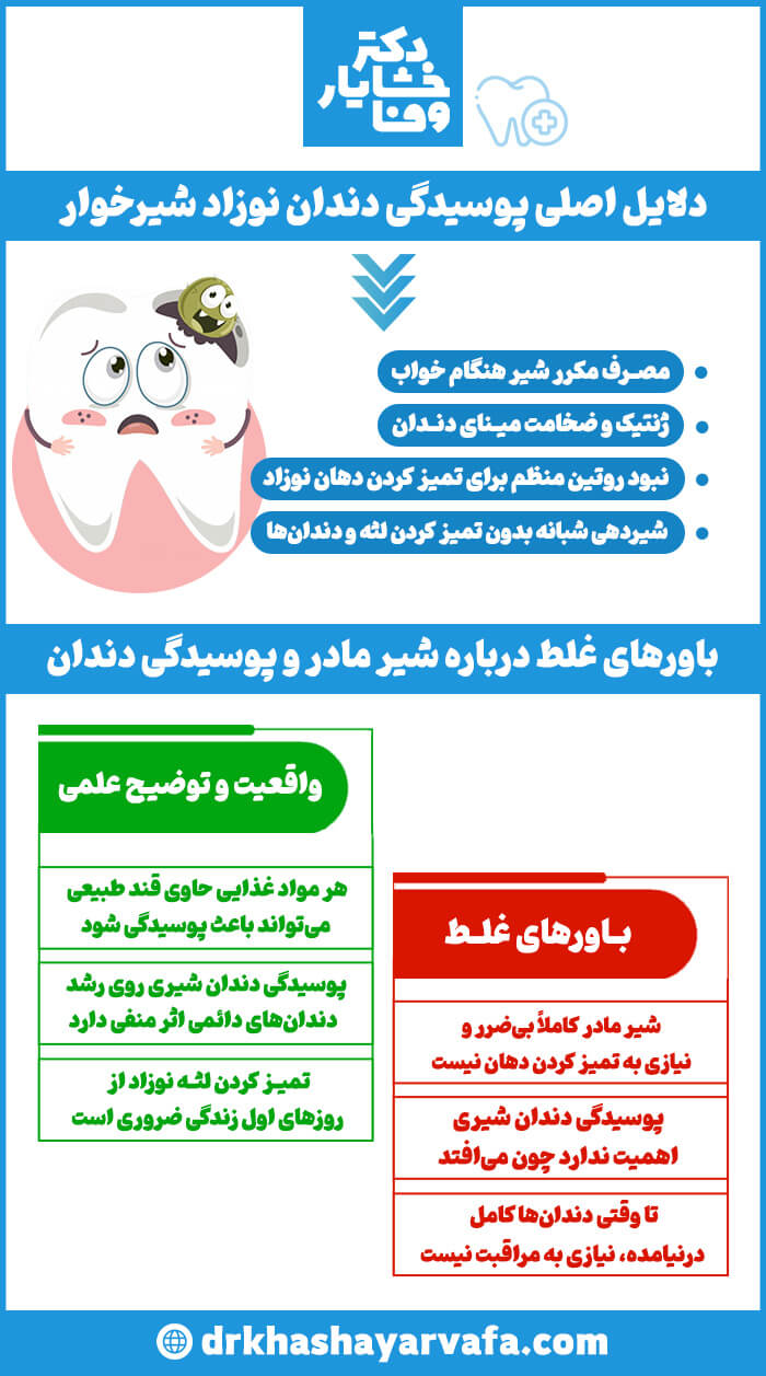 اینفوگرافیک دلایل اصلی پوسیدگی دندان نوزاد شیرخوار و باورهای غلط درباره شیر مادر و پوسیدگی دندان.