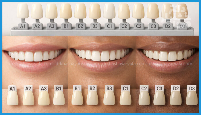 مقایسهای سه بخشی از لبخند با شیدهای مختلف دندان VITA، که در زیر هر لبخند، رنگ دندانهای مورد استفاده از A1 تا D3 نمایش داده شده است.